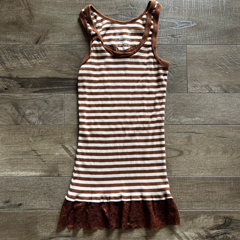Y2K Vanity Brown White Striped Tank Top Lace Trim Sz Medium